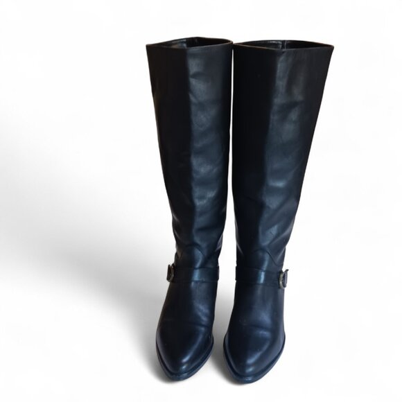 Jessica Black Leather Riding Boots Size 6B, Genuine Leather, Buckle Detail VTG - Picture 2 of 14